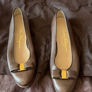 Salvatore Ferragamo Brown Textured Flats with Bow